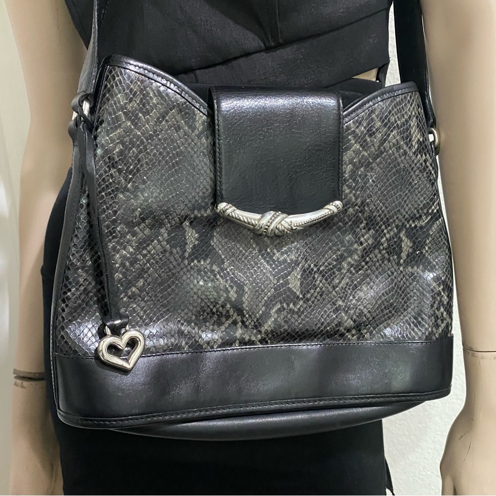 Vintage BRIGHTON Black Snakeskin Leather Adjustable Strap Shoulder Bag